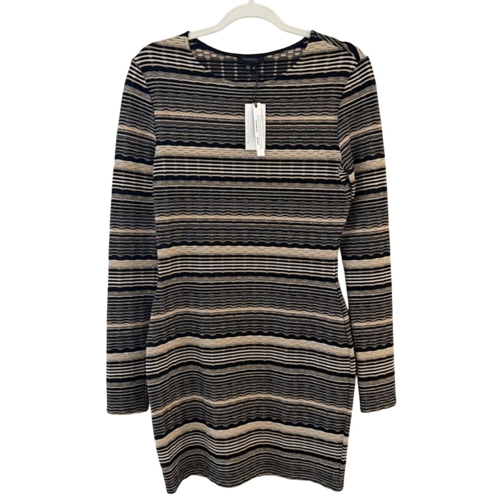 Twenty Tees Women Medium Striped Long Mini Sleeve Knit Black & Cream Dress
